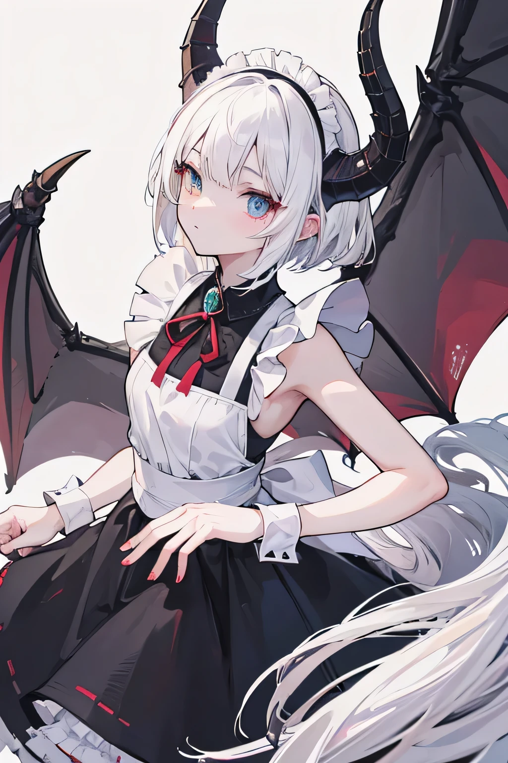 (better quality: 1.0), (super high resolution: 1.0), extremely detailed character, detailed hands, Half-Dragon Girl, horns, scales on the neck, Scales on the shoulders, scales on the forearm, scales on cheek, girl with dragon tail, dragon tail, very detailed hair, short hair, ((White hair)), ((black locks)), extremely detailed eyes, eyes of different colors, Heterochromia, white right eye and black left eye, dragon eyes, 2D, Anime art, ((maid outfit)), ((Whole body)), standing, medieval, rpg, Small, Cute, ruddy