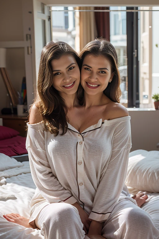 Dslr photo, photograph, (8k, 4k, masterpiece), pretty beautiful young woman, smiling, pajamas, looking at viewer, sitting on bed, solo, 1girl, (2heads:1.6), (woman with two heads), (two heads and two necks on the same shoulders), (wide shoulders)