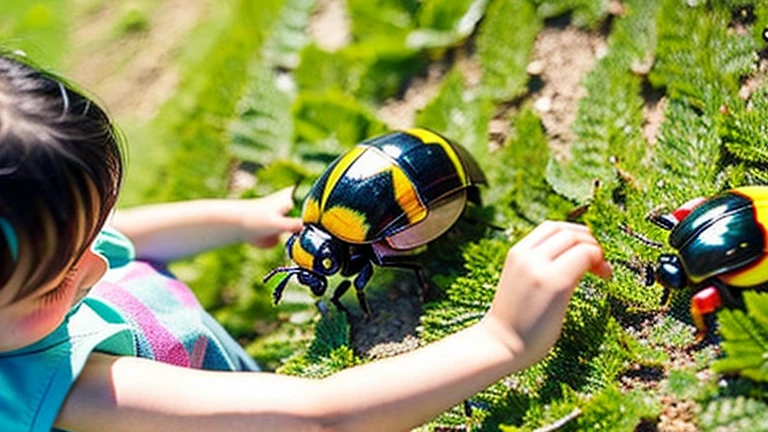 Children playing with beautiful beetles in the countryside、