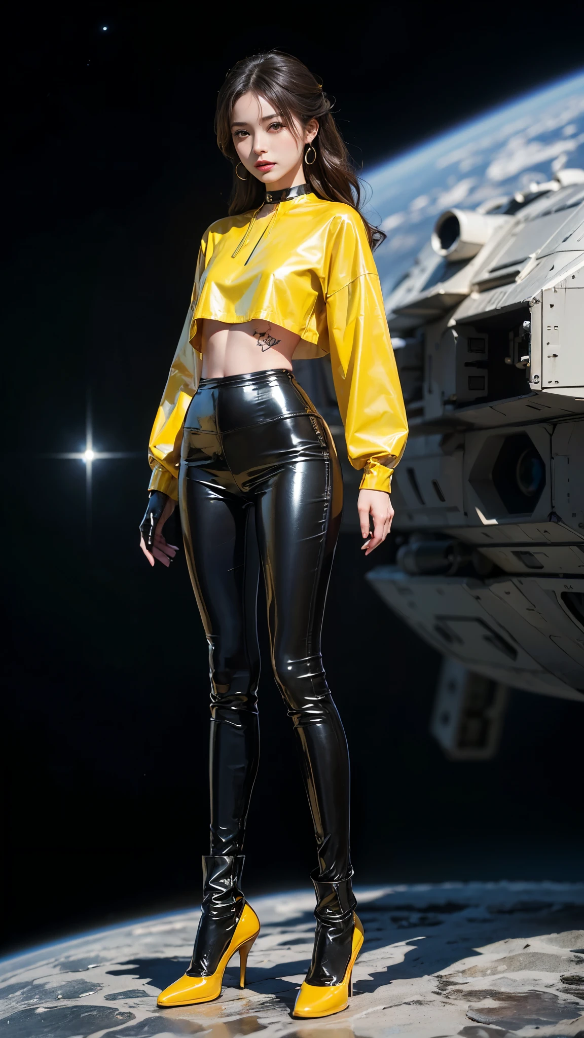 ((masterpiece:1.4)、(highest quality:1.4)、(Realistic:1.7))、Masterpiece:1.4、(Top-notch rendering:1.4)、(Kaoru, the beautiful navigator of the Space Battleship Fuji:1.4)、Super Beauty航海士Kaoru、(By Luis Royo:1.4)、(A uniform that accentuates your beautiful figure:1.2)、(Futuristic sci-fi battle fashion:1.2)、(Street Style Wear)、(Tight Fit Pants)、(Shiny luxury latex:1.4)、(Luxury yellow latex:1.4)、19 years old、(Cute Tattoos:1.4)、(Wearing yellow gloves)、Cute Girl、Super Beauty、(Seductive pose)、Sharp Focus、Portrait Photography:1.4、8k、Photorealistic images:1.4、(Perfect female body:1.4)、Perfect proportions、(Standing:1.4)、(Full body photography:1.4)、Beautiful Face、Fearless look、Beautiful Eyes、(A girl with a beautiful body and slender abdominal muscles)、(Narrow waist:1.4)、(9-body proportions beautiful girl:1.4)、(A beautiful girl with long legs and a good figure:1.4)、Beautiful feet:1.4、(Long Hair:1.2)、Heavy makeup、Eyeshadow、Glow Eye、Glow Lip、Beautiful breasts、Large Breasts:1.2、sexy ass、(Standing facing forward:1.4)、Raw photo、Red lips、Yellow high heels:1.4、choker:1.4、necklace:1.4、Earrings:1.4、1 Screen Display:1.4、Space Battleship Fuji's bridge:1.2