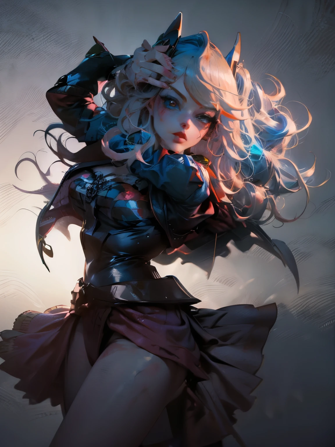 Hermosa y sensual dark magician gils vestida como Harley Quinn. pelo rojo y azul. Labios rojos. Ojos azules. Pose sensual y amenazadora. explosion background 