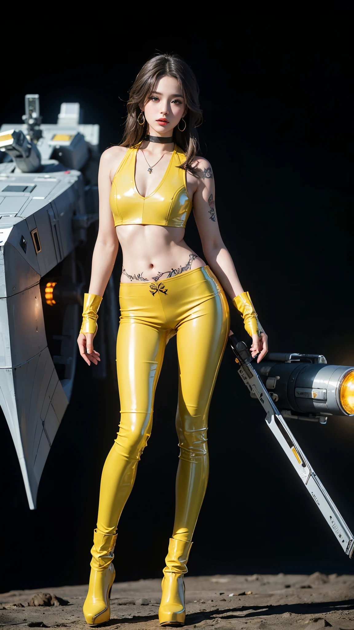 ((masterpiece:1.4)、(highest quality:1.4)、(Realistic:1.7))、Masterpiece:1.4、(Top-notch rendering:1.4)、(Kaoru, the beautiful navigator of the Space Battleship Fuji:1.4)、Super Beauty航海士Kaoru、(By Luis Royo:1.4)、(A uniform that accentuates your beautiful figure:1.2)、(Futuristic sci-fi battle fashion:1.2)、(Street Style Wear)、(Tight Fit Pants)、(Shiny luxury latex:1.4)、(Luxury yellow latex:1.4)、19 years old、(Cute Tattoos:1.4)、(Wearing yellow gloves)、Cute Girl、Super Beauty、(Seductive pose)、Sharp Focus、Portrait Photography:1.4、8k、Photorealistic images:1.4、(Perfect female body:1.4)、Perfect proportions、(Standing:1.4)、(Full body photography:1.4)、Beautiful Face、Fearless look、Beautiful Eyes、(A girl with a beautiful body and slender abdominal muscles)、(Narrow waist:1.4)、(9-body proportions beautiful girl:1.4)、(A beautiful girl with long legs and a good figure:1.4)、Beautiful feet:1.4、(Long Hair:1.2)、Heavy makeup、Eyeshadow、Glow Eye、Glow Lip、Beautiful breasts、Large Breasts:1.2、sexy ass、(Standing facing forward:1.4)、Raw photo、Red lips、Yellow high heels:1.4、choker:1.4、necklace:1.4、Earrings:1.4、1 Screen Display:1.4、Space Battleship Fuji's bridge:1.2