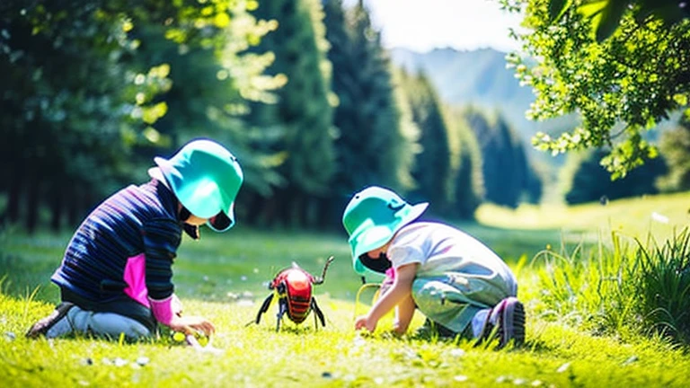Children playing with beautiful beetles in the countryside、