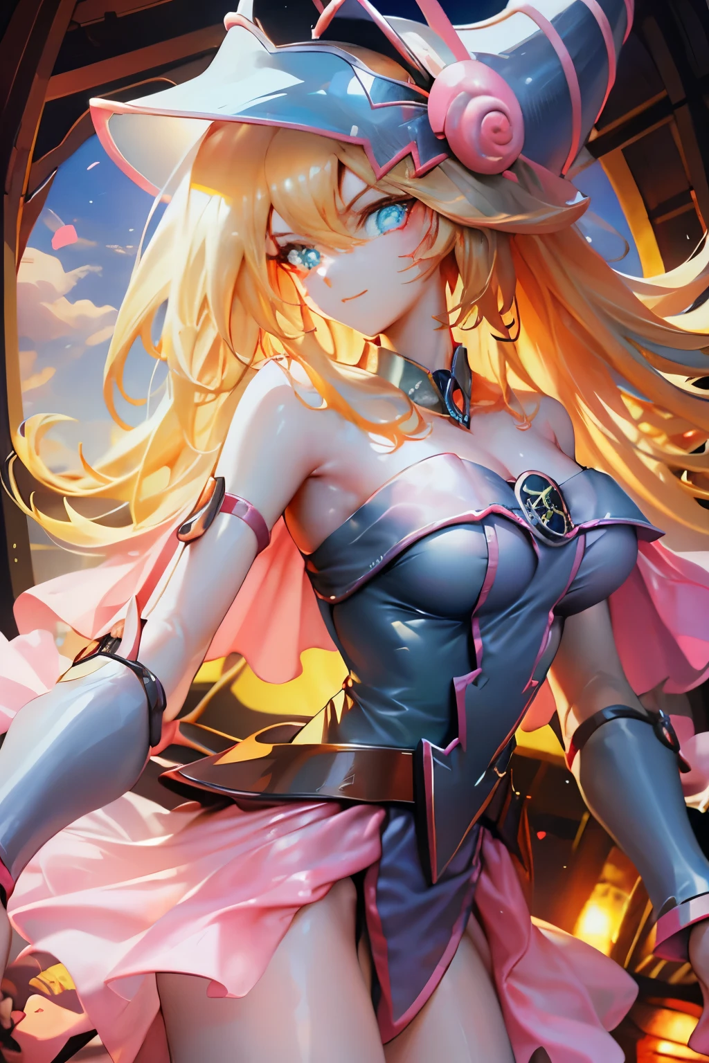 Hatsune Miku disfrazada de dark magician gils. Pose sensual y seductora. Fondo de magia
