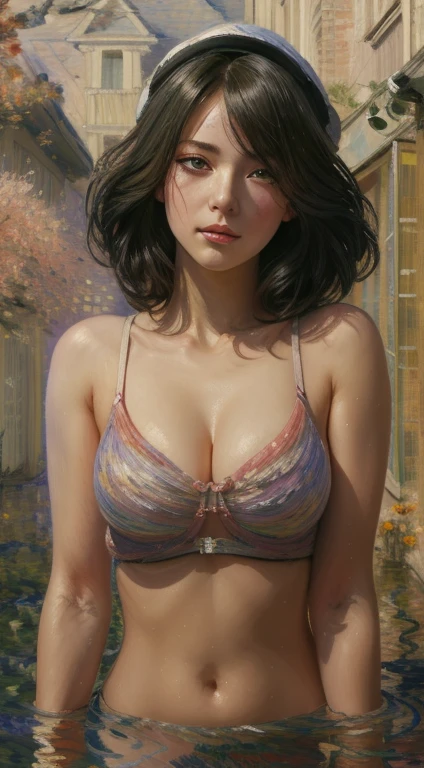 masterpiece, best quality, 4k, UHD, mishoujo, painting, beautiful eyes and detailed face, illustration, beautiful detailed, high resolution illustration, glowing_white_particles, 1girl, white hair, light purple eye, hair over one eye, short sidetail, baseball cap,expressionless, window shade, black jacket, chest rig, cyberpunk, techwear,(Impressionism:1.4)