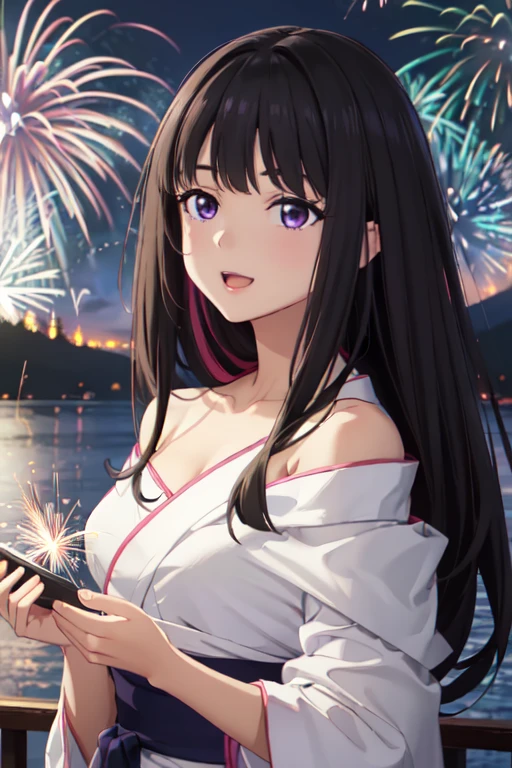 masterpiece, best quality, ultra detailed, highres, extremely detailed CG unity 8k wallpaper, perfect lighting, very detailed background, beautiful and aesthetic,sharp focus, perfect face, dynamic pose, dynamic angle,
1girl, upper body, (portrait:1.1), multicolored yukata, kanzashi, looking at viewer, full-face blush, from side, from below, smile,Open your mouth、Pink Lips、
night, dark sky, misty lake, mountainous horizon, break,aerial fireworks, (Full of sky fireworks:1.2),
、(Shoulder Bare:1.2)、(Off the shoulder:1.4)、(Holding a handheld firework:1.2)、(middle breasts:1.0)、
(inoue takina, long hair, bangs, black hair, (purple eyes:1.2))、