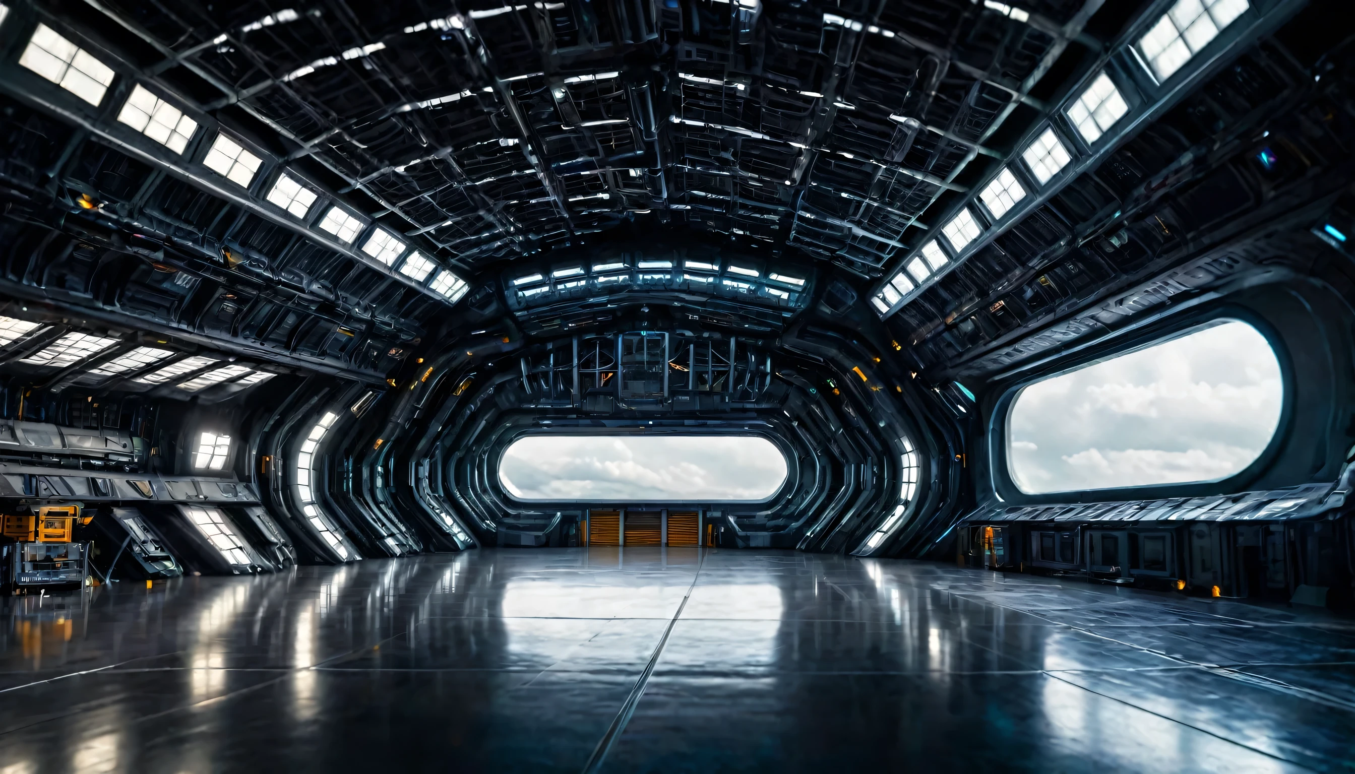 Wide closeup interior shot of a huge futuristic alien hangar seen from the front from low perspective point of view, profundidad de campo perfecta, se ve sobre los laterales equipamiento. Professional cinematographic lighting, very high resolution 8k, HDR, UHDR, Hyper realistic image