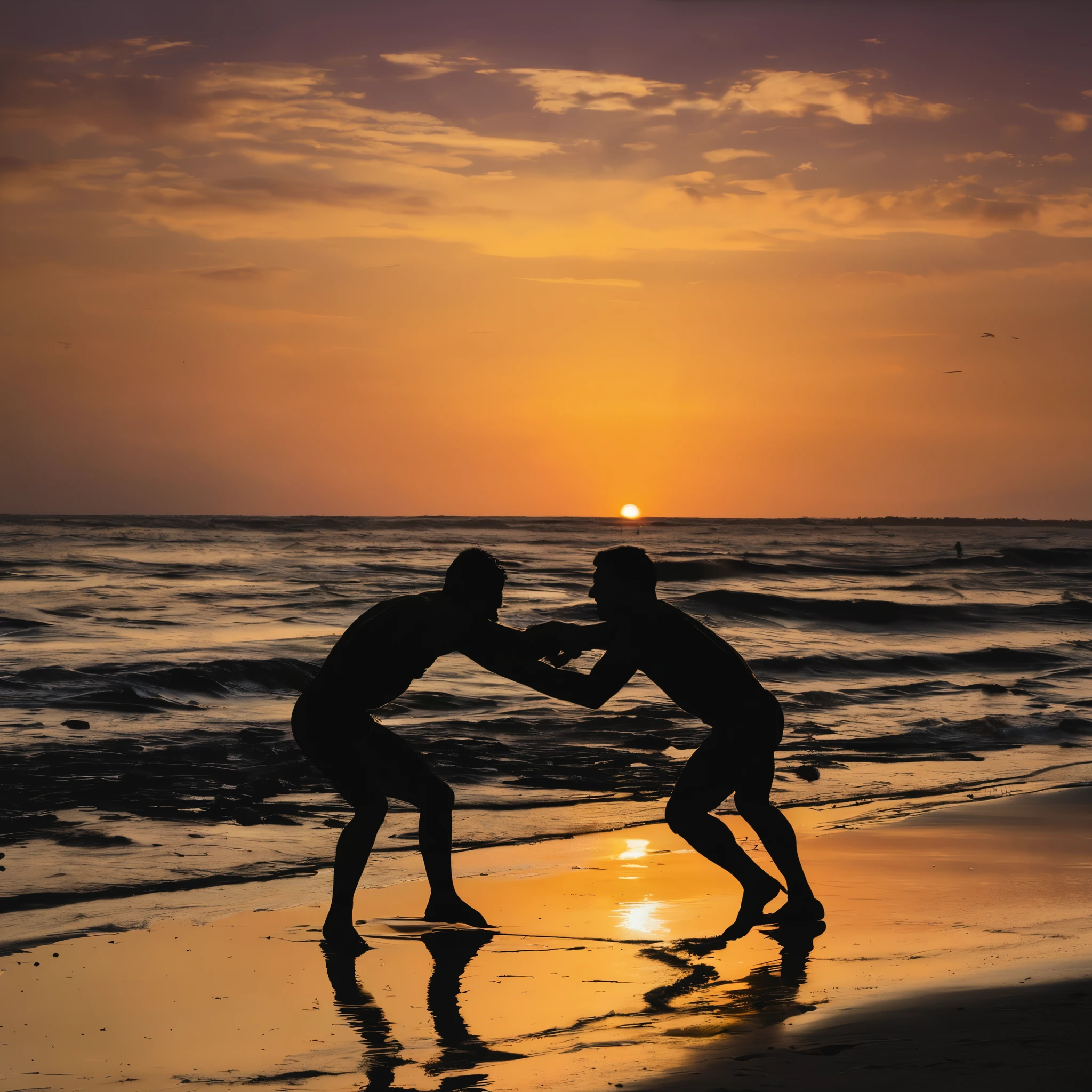 Sunset silhouette of two men wrestling on beach