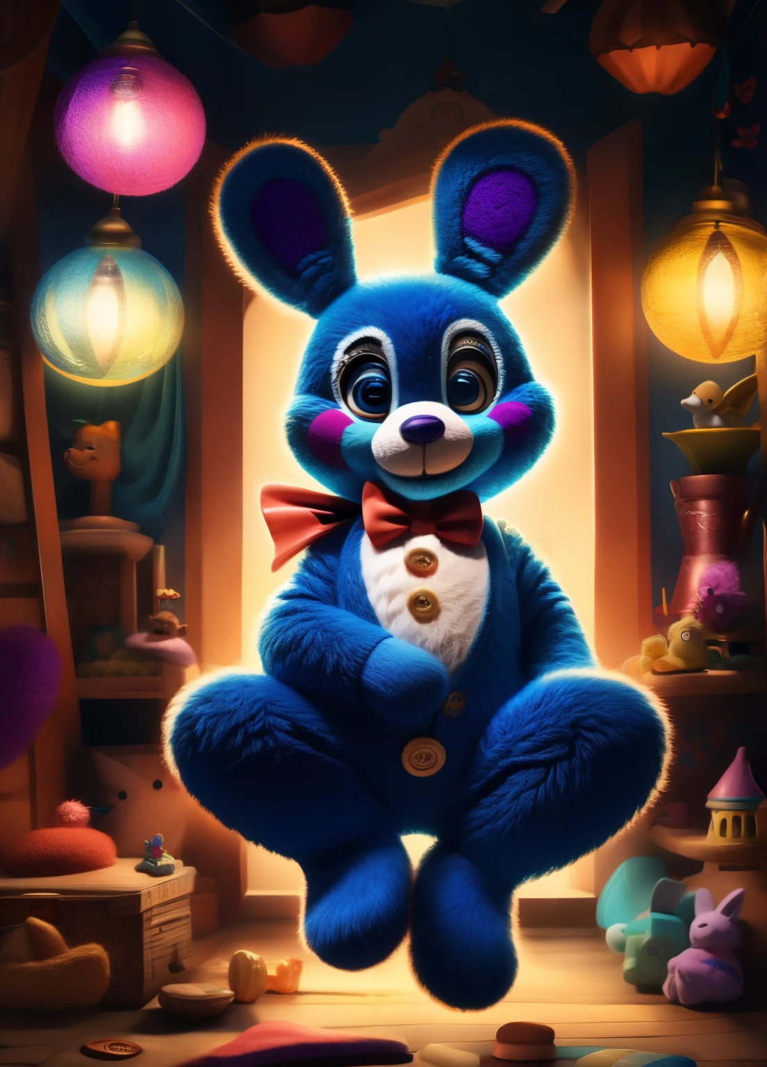 (best quality, highres:1.2), realistic, detailed illustration, Toy Bonnie from Five Nights at Freddy's, playful and vibrant colors, cute and friendly expressions, adorable and fuzzy texture, in a style for kids, with emphasis on the facial features such as big round eyes, a small button nose, and a wide smile, showcasing its charming personality, joyful and energetic pose with its (fee)t visible, (adorable feet), (cute feet), surrounded by colorful toys and props, a lively and dynamic background depicting a fun and imaginative setting, soft and gentle lighting to enhance the cozy and inviting atmosphere