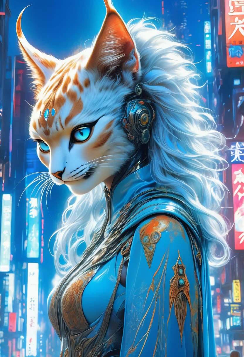(best quality,4k,highres),(realistic,photorealistic:1.37),(Yoshitaka Amano style:1.1),SFW,(safe for work), A woman and her guardian familiar, mystical creature,otherworldly creature,enchanting companions,wearing stylish futuristic clothes,inspired by Phantasy Star Online, dynamic poses, (The woman, with her eyes brightly colored, no makeup and her facial features elegantly detailed, adding to her allure. Dressed in elegant casual clothes with a stylish futuristic jacket.), (She is accompanied by a guardian, a lynx and bat hybrid creature with exquisite anatomical features. The creature's presence adds a sense of wonder and magic to the scene.), (The woman and her companion stand in a vibrant and bustling city, a modern metropolis with bustling streets, and vibrant signs. The colors are vibrant, with a mixture of blues, browns, and pale reds creating a dreamlike atmosphere.), (The lighting is soft but illuminating, casting a gentle glow on both the woman and the creature.), (The overall composition has a realistic and photorealistic quality, capturing the essence of the scene in intricate detail.), (The art style is inspired by Yoshitaka Amano, known for his ethereal and otherworldly illustrations. The combination of realistic elements with the artist's unique style creates a captivating and visually stunning image.)