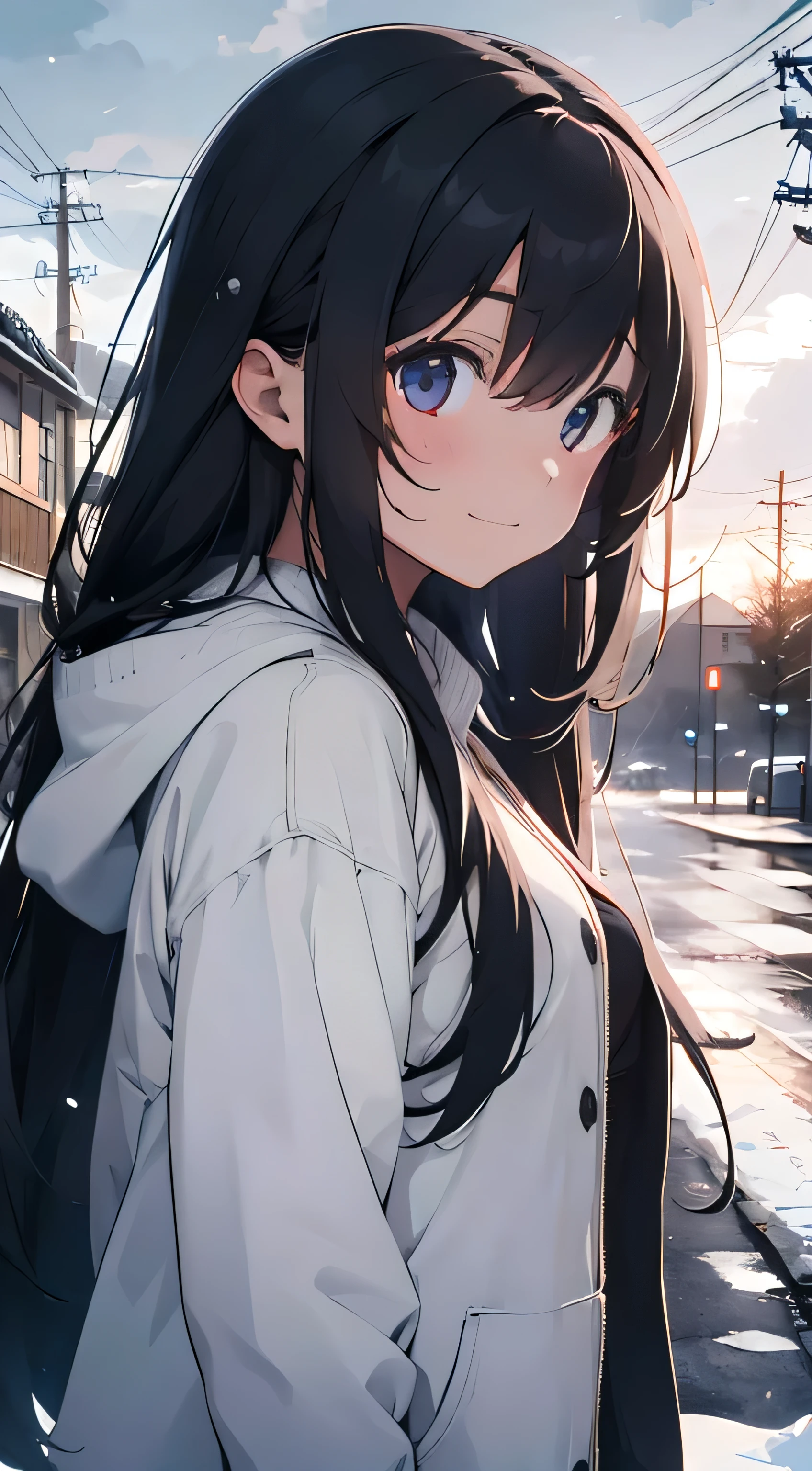Generate an image of 1girl, long hair, who appears melancholic and sad but also forcefully smiling and transient in her expression, the environment is covered in snow and skies are clouded, winter season, absurdres, high res, ultrasharp, 8K, masterpiece, Looking at viewer