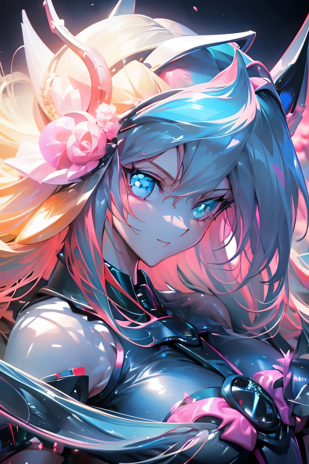 Hatsune Miku disfrazada de dark magician gils. Pose sensual y seductora. Fondo de magia