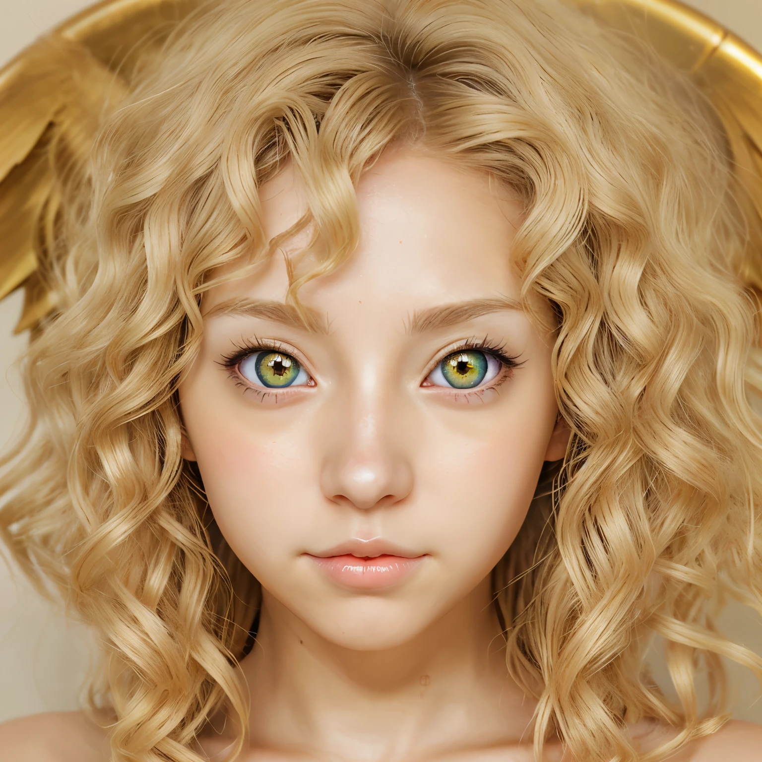 Angel female, light blonde curly hair with golden eyes, anime style.