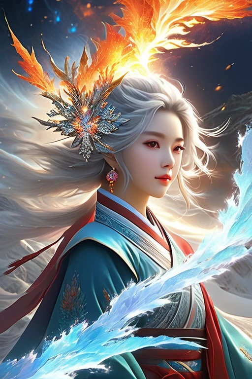 (masterpiece, top quality, best quality, official Art, Beautiful and beautiful:1.2), (1 Girl:1.2), Lovely, Extremely detailed, (Abstract:1.4, fractal Art:1.3), (silver_hair:1.1), destiny \(series\), rich and colorful, The most detailed, fire, ice, lightning, (splash_Art:1.2), jewelry:1.4, Hanfu, , landscape, ink