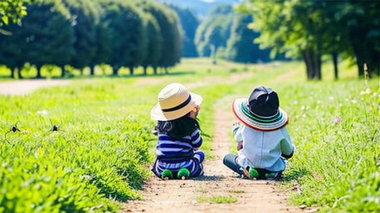 Small children playing with beautiful beetles in the countryside、Small children playing with cute beetles in the countryside、