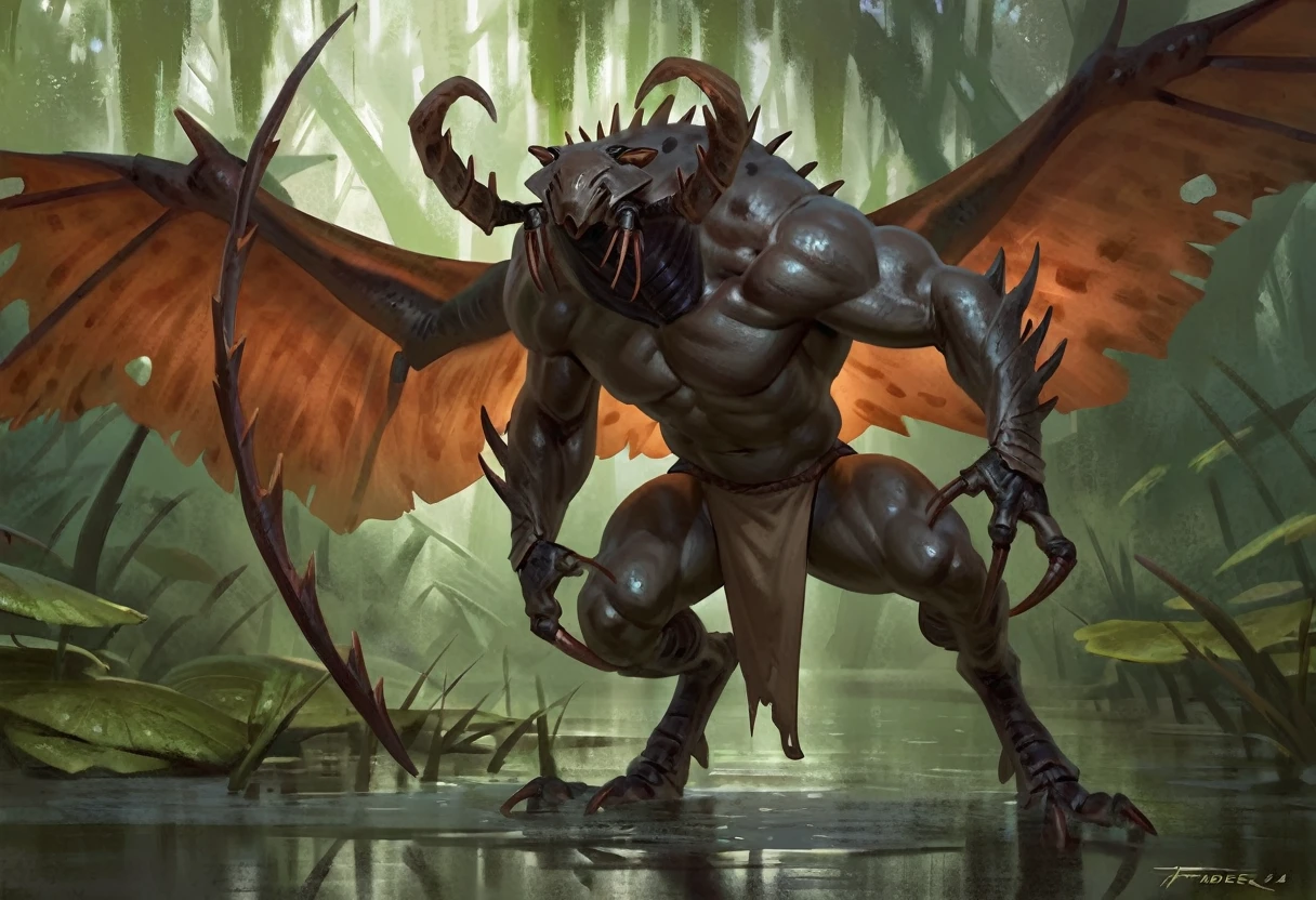 (Solo), anthro male insectoid creature, detailed, best art, masterpiece, quality, newest, swamp background, by taran fiddler, loincloth, mandibles, insect wings, chitinous body, digitigrade, pincers, stinger, spikes, ferocious, masculine, 