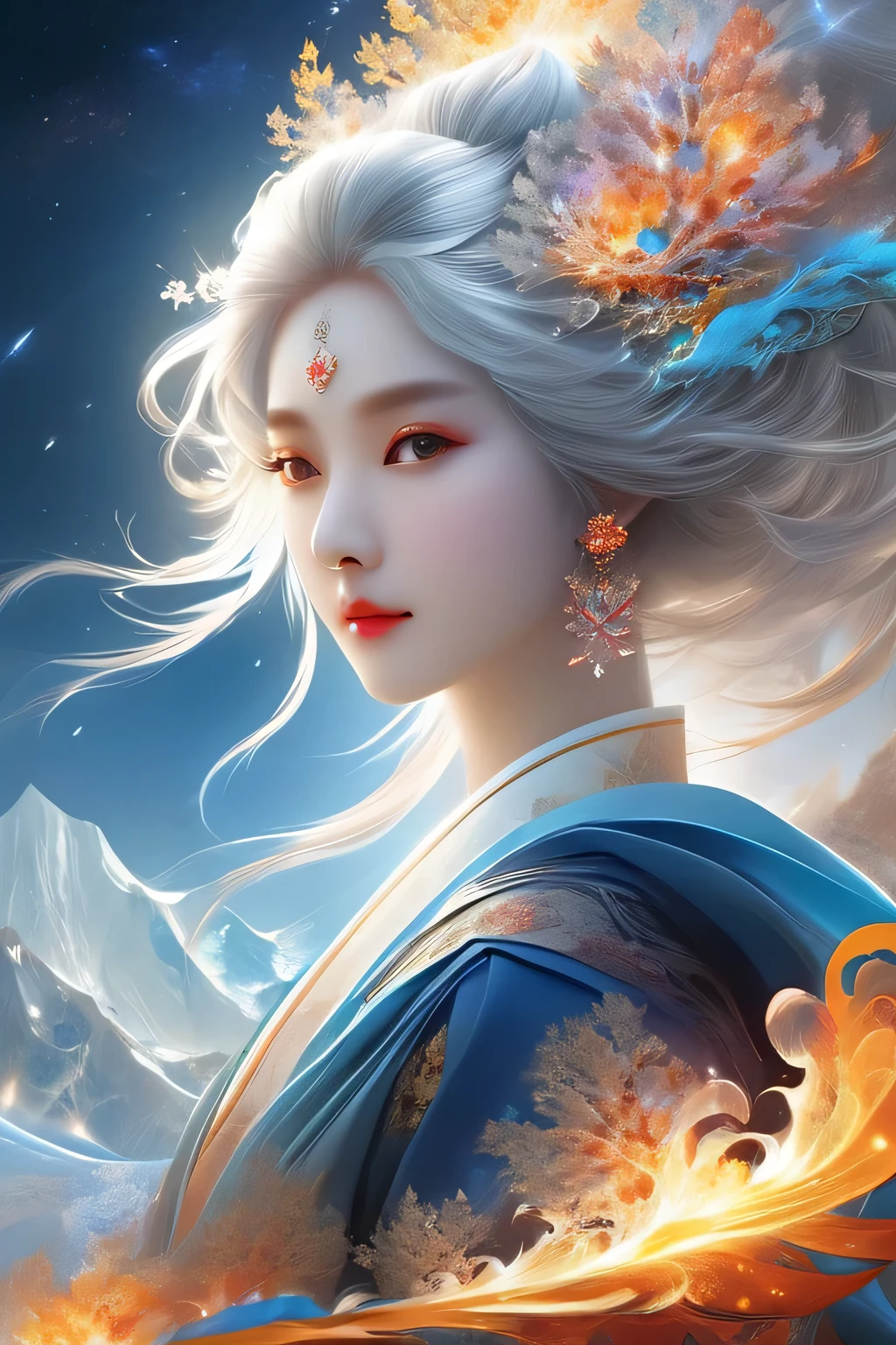 (masterpiece, top quality, best quality, official Art, Beautiful and beautiful:1.2), (1 Girl:1.2), Lovely, Extremely detailed, (Abstract:1.4, fractal Art:1.3), (silver_hair:1.1), destiny \(series\), rich and colorful, The most detailed, fire, ice, lightning, (splash_Art:1.2), jewelry:1.4, Hanfu, , landscape, ink