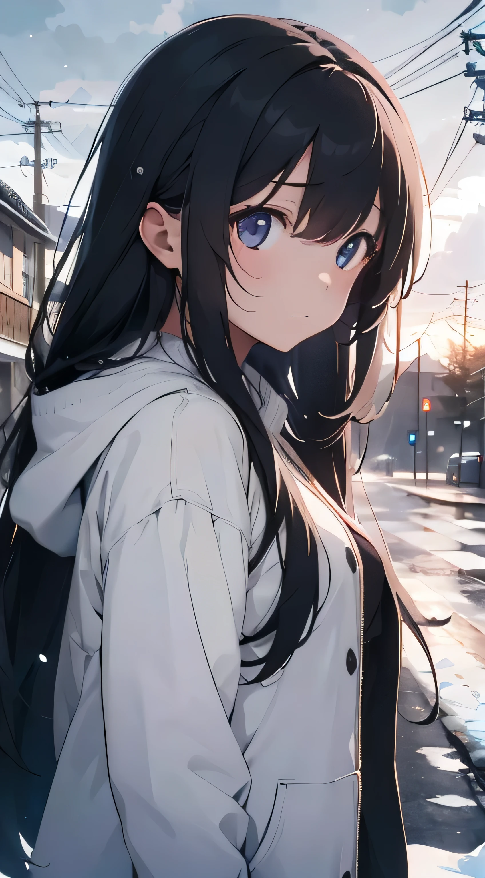Generate an image of 1girl, long hair, who appears melancholic and sad but also sympathetic and transient in her expression, the environment is covered in snow and skies are clouded, winter season, absurdres, high res, ultrasharp, 8K, masterpiece, Looking at viewer