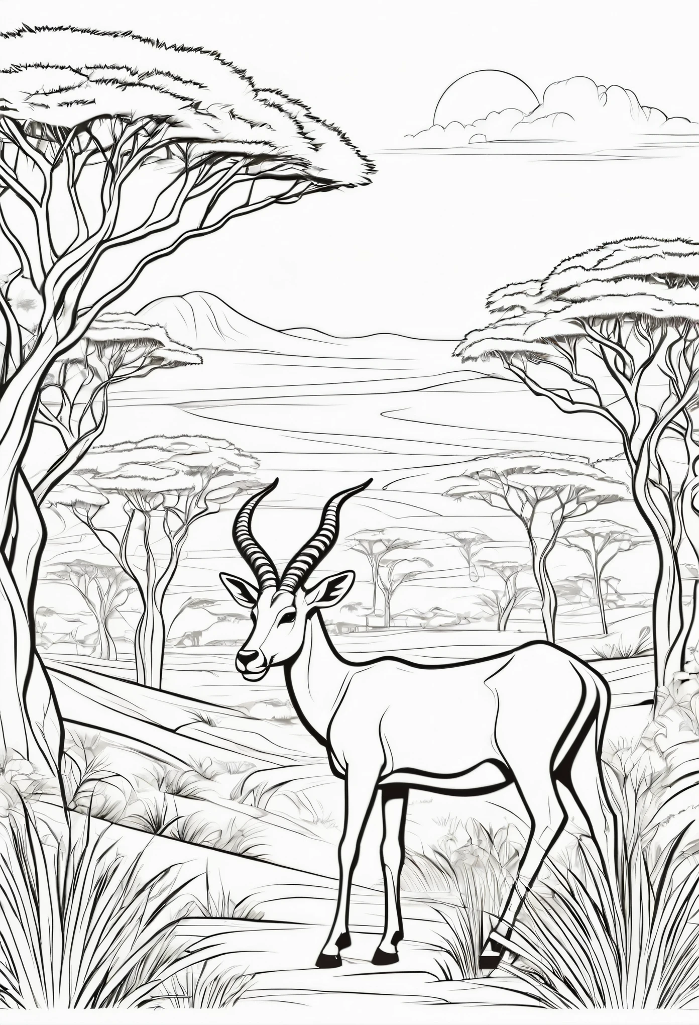 coloring page for kids, eland roaming the plains of african with lots of bushes and big trees, cartoon style, thick lines