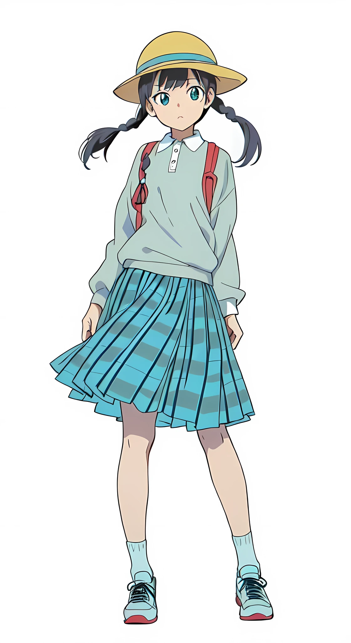 (tareme:1.0), (white background:1.0), (best quality:1.0), (masterpiece:1.0), (super fine illustration:1.0), (beautiful artwork:1.0), (anime screencap:1.0), (official art:1.0), (full body:1.0), (solo:1.0), (ESGA:1.0), (a cute girl:1.0), (yellow hat:1.0), (red backpack:1.0), (long skirt:1.0), (green tartan skirt:1.0), (pleated skirt:1.0), (aqua blue polo shirt:1.0), (long sleeve polo shirt:1.0), (sneakers:1.0), (white socks:1.0), (ideal ratio body proportions:1.0), (lanky:1.0), (tall:1.0), (slender:1.0), (small breasts:1.0), (smaller face:1.0), (tareme:1.0), (detailed beautiful eyes:1.0), (detailed beautiful face:1.0), (glowing black eyes:1.0), (short hair:1.0), (swept bangs:1.0), (twin braids:1.0), (black hair:1.0), (looking at viewer:1.0)