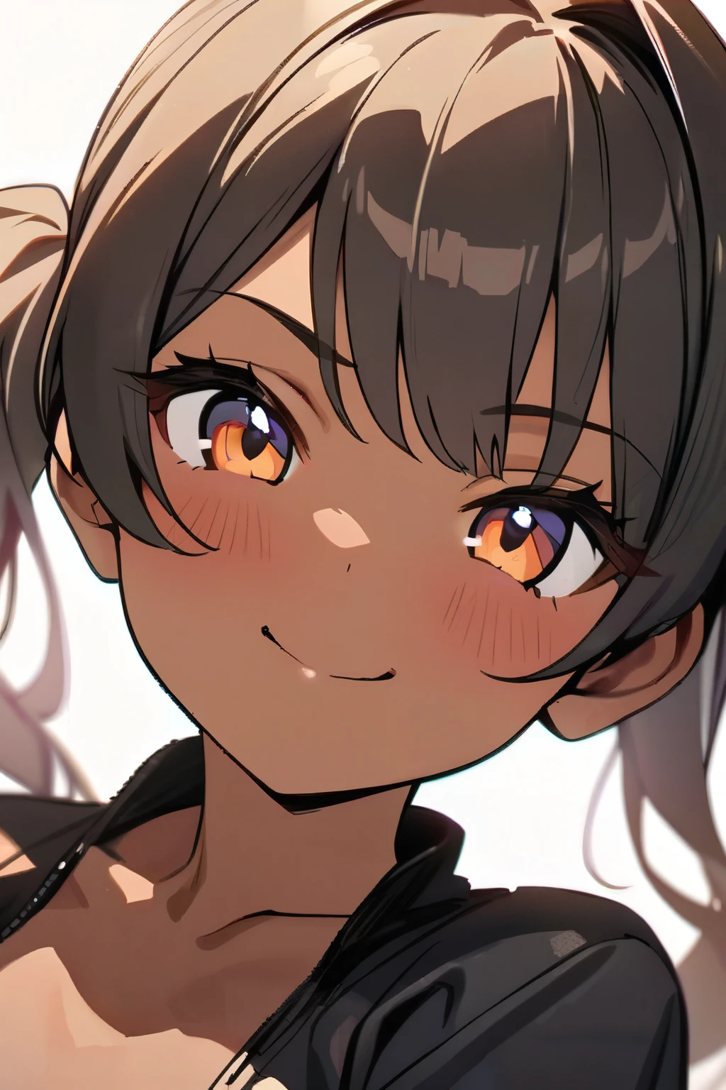 Masterpiece, best quality, beautiful girl, cute face, twin tails, dark skin, smiling,