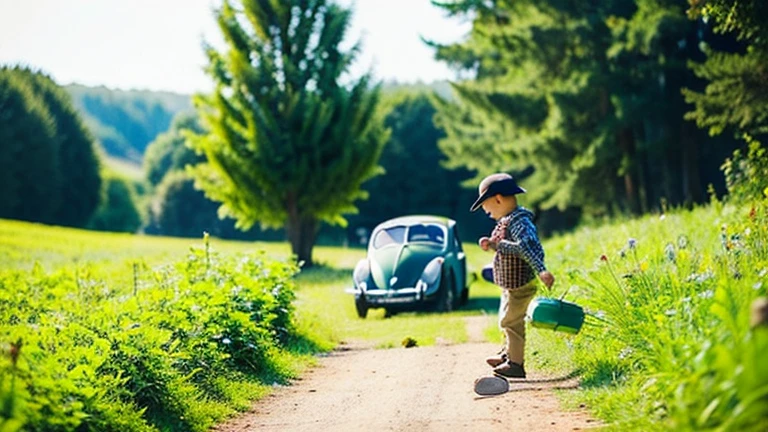 A playing with a beautiful beetle in the countryside、A little boy playing with a cute beetle in the countryside、