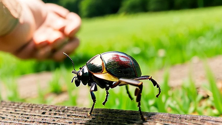A  playing with a beautiful beetle in the countryside、A little boy playing with a cute beetle in the countryside、