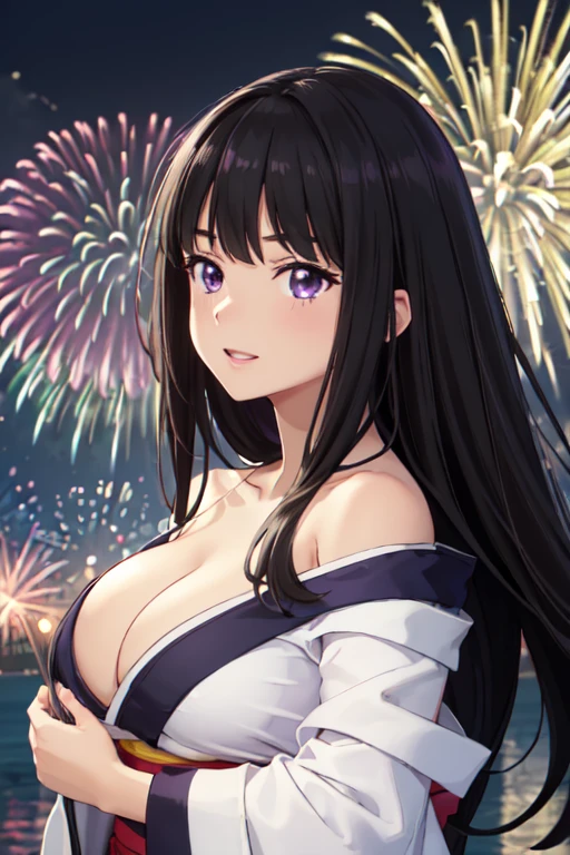 masterpiece, best quality, ultra detailed, highres, extremely detailed CG unity 8k wallpaper, perfect lighting, very detailed background, beautiful and aesthetic,sharp focus, perfect face, dynamic pose, dynamic angle,
1girl, upper body, (portrait:1.1), multicolored yukata, kanzashi, looking at viewer, full-face blush, from side, from below, smile,Open your mouth、Pink Lips、
night, dark sky, misty lake, mountainous horizon, break,aerial fireworks, (Full of sky fireworks:1.2),
、(Shoulder Bare:1.2)、(Off the shoulder:1.4)、(Holding a handheld firework:1.2)、(large breasts:1.6)、
(inoue takina, long hair, bangs, black hair, (purple eyes:1.2))、Place a red apple on the bust