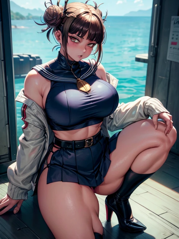 (masterpiece:1.4), highest quality, High resolution, lu1, cyborg, Multicolored Hair, compensate, Exposing shoulders, Black leotard, High leg leotard, (String:1.1), White jacket, Open jacket, belt, Shorts, Cowboy Shot, cyber punk, squat, wall, Abdominal muscles, A woman sitting facing the front , cyber punk, cybercore, Underarm, Bobcut, juicy thighs, Muscular woman, dirty, shiny and bright skin, Smooth surface, Tight body suit, Beautiful Face, Cute face、Plump、Big Breasts, Big Hips, Full Body Shot, Mature mother, Voluptuous thighs, ox, Seductive mature woman, Perfect body, Plus Size Model, Sailor suit, Wearing high heels,Miniskirt Uniform, Chunli、Cleavage、Clothes with a wide open chest