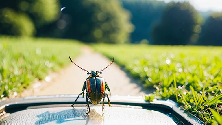 A playing with a beautiful beetle in the countryside、