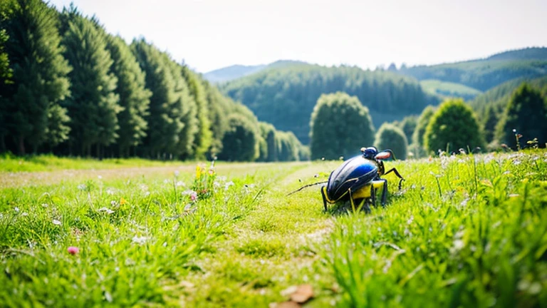 A  playing with a beautiful beetle in the countryside、