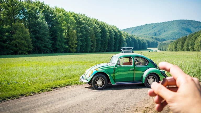 A playing with a beautiful beetle in the countryside、