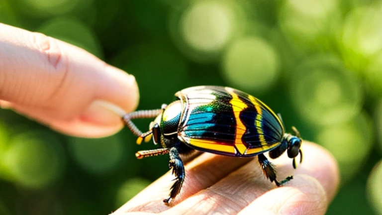 A  playing with a beautiful beetle in the countryside、