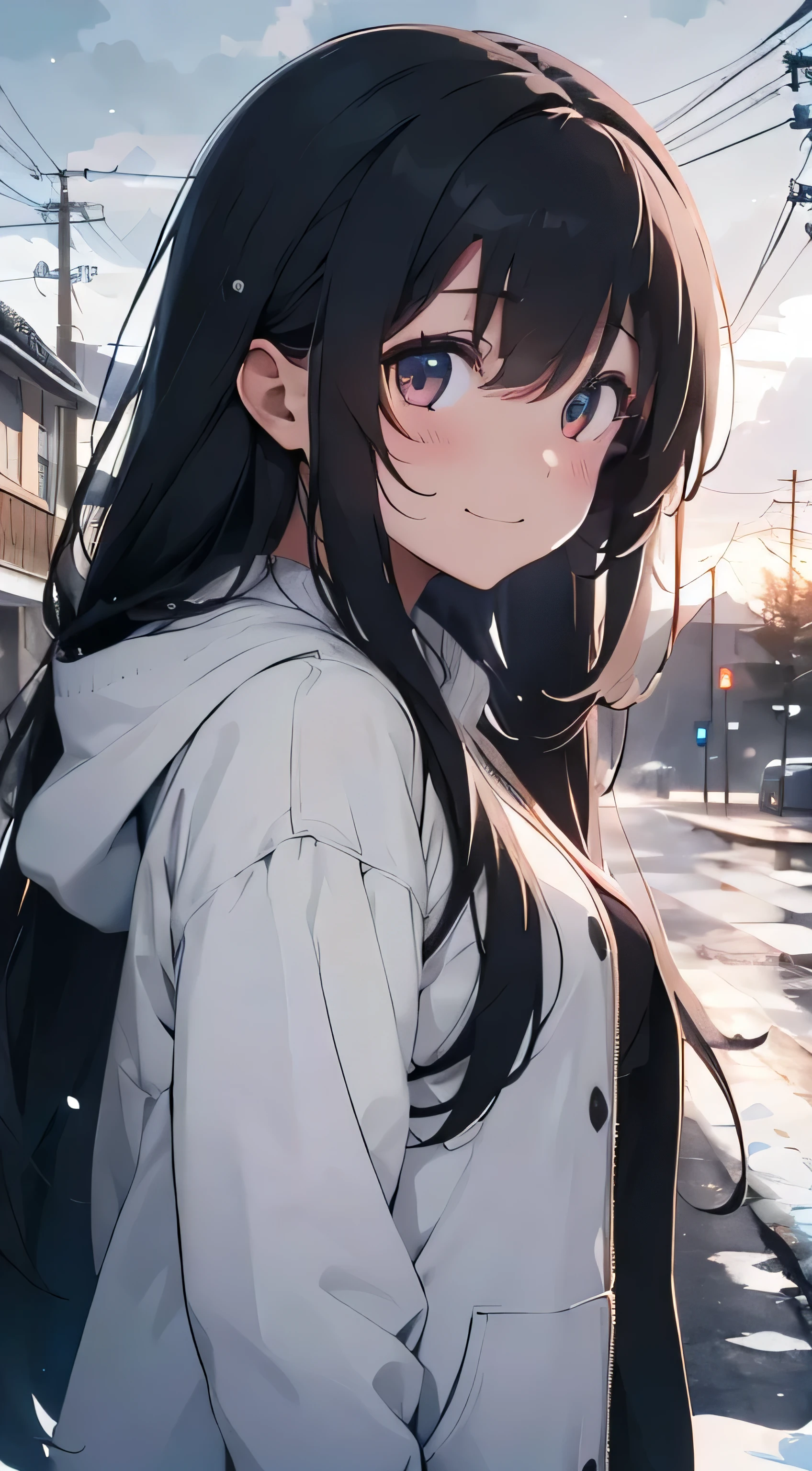 Generate an image of 1girl, long hair, who appears melancholic and sad but also forcefully smiling and transient in her expression, the environment is covered in snow and skies are clouded, winter season, absurdres, high res, ultrasharp, 8K, masterpiece, Looking at viewer