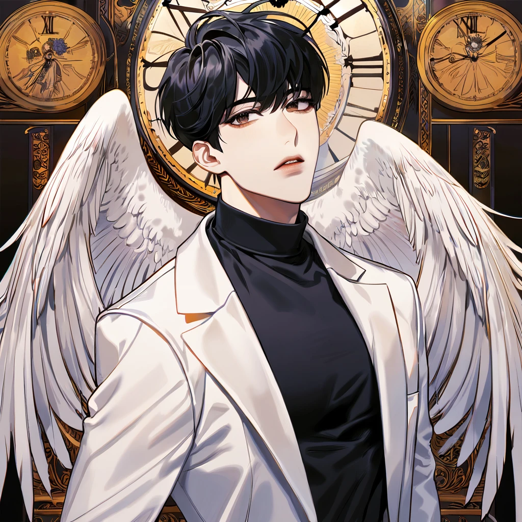 (absurdres, highres, ultra detailed, HDR) master piece, best quality, perfect face, delicated features, Kim Dokja, black hair, expressive brown eyes, Omniscient reader's viewpoint, solo, sexy man, handsome, white coat, black shirt, halo, angel, wings, roses, clock