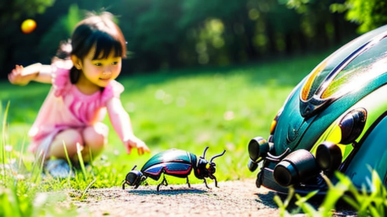 Children playing with beautiful beetles in the countryside、