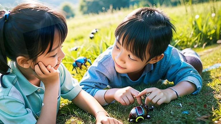 Children playing with beautiful beetles in the countryside、