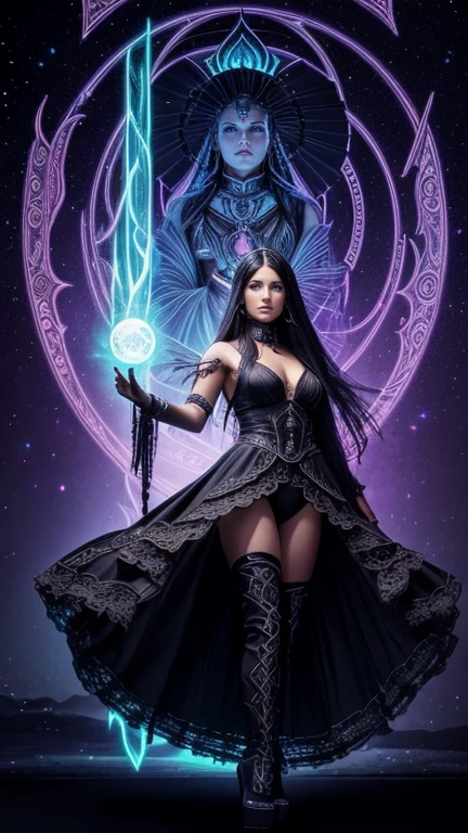 High resolution ultra detailed photography, an Asian Native American mixed race woman with tall height, woman floating in the lotus position in the air, clothing bioluminescent dress in the gothic fantasy style with high heels boots, photo background is a gothic tarot card bioluminescent, photo mood gloomy dark, Body and face of Asian Native American multiracial woman ultra realistic detailed high resolution render, Model Long legst, Pose flying lotus pose