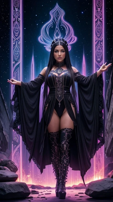 High resolution ultra detailed photography, an Asian Native American mixed race woman with tall height, woman floating in the lotus position in the air, clothing bioluminescent dress in the gothic fantasy style with high heels boots, photo background is a gothic tarot card bioluminescent, photo mood gloomy dark, Body and face of Asian Native American multiracial woman ultra realistic detailed high resolution render, muscular body