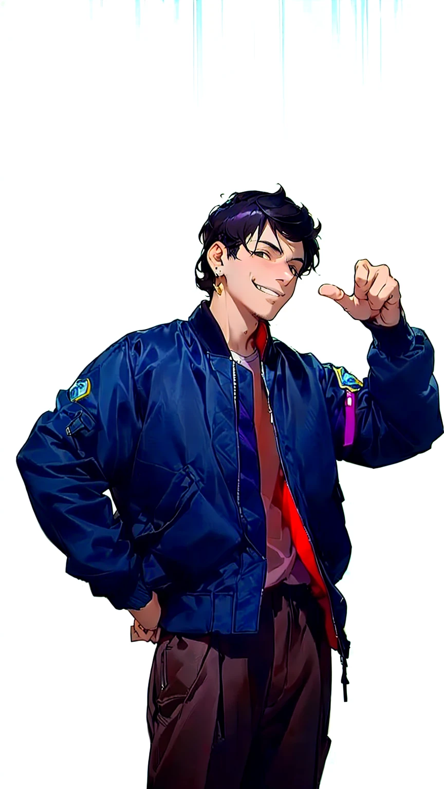 man in a purple black jacket standing with his hand on his hip, mischievous smile, grin, evil grin, pointing face with thumb, thumbs up, perfect hands, detailed hands, handsome anime pose, brown pants, short black hair, wearing aviator jacket, wearing bomber jacket, age 25, ear dangle earring, qaiwachgan face, detailed nose and mouth, short black hair, alpha male type, standing against a plain white wall, purple cinematic lighting