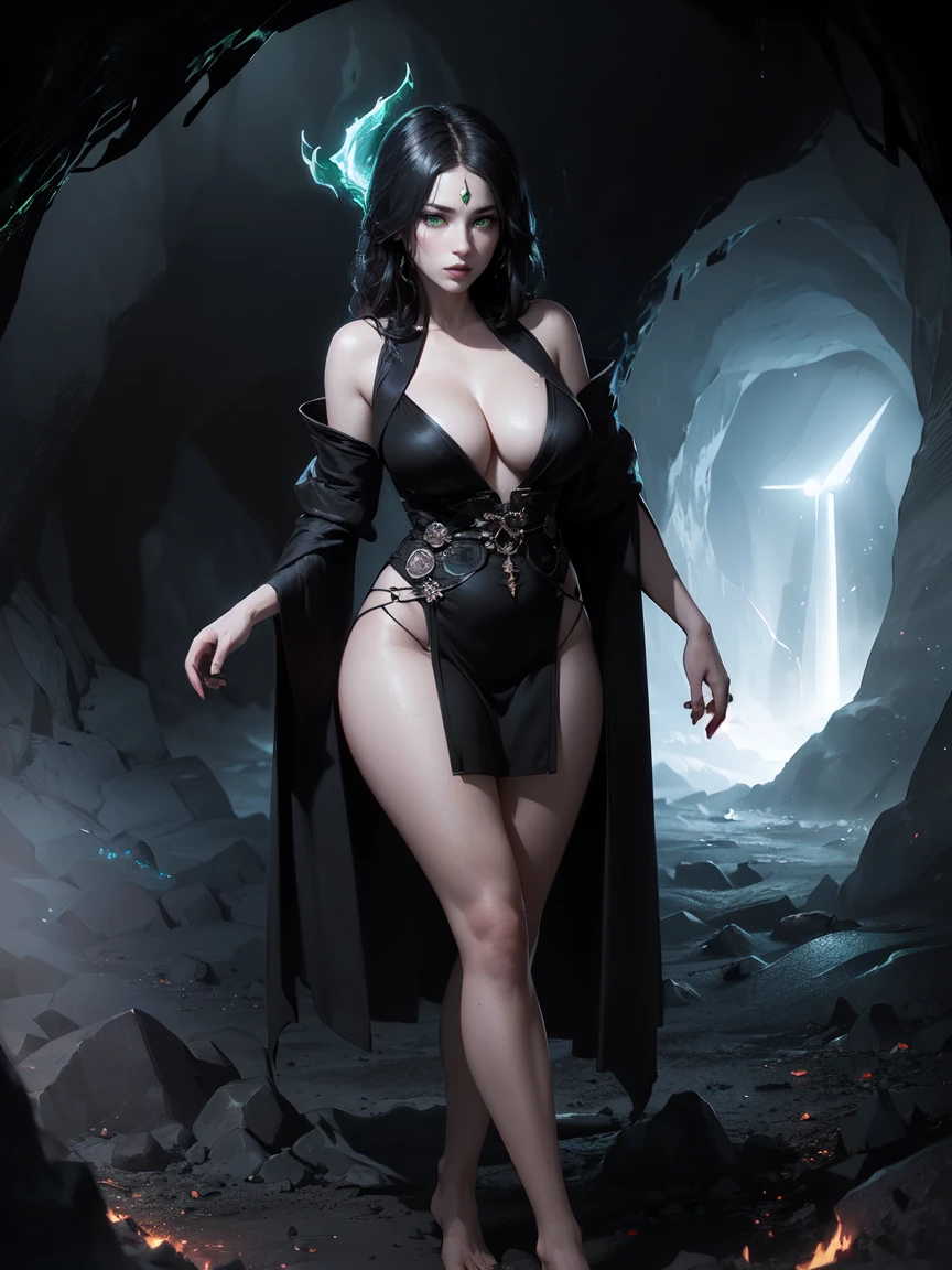 (masterpiece, best quality, perfect face, extremely realistic, (beautiful and aesthetic:1.4), highest detailed face), (dark fantasy illustration:1.3), (beautiful dark sorceress, (messy hair), (black hair:1.2), (green eyes:1.3), fake breasts, ((narrow waist:1.2), thick thighs), (fair pale skin:1.3), ((surrounded by black fog coming form all directions)), (darkness, dimly lit), ((inside dark desolated cave:1.4), underground), (dark green theme), ((night:1.4)), (green aura, (green energy magic swirling around:1.3), (sharp eyes, extremely detailed eyes, clear eyes:1.1), detailed skin, skin pores, (cleavage:1.2), (sleeveless), ((black sorceress robes:1.4), very revealing clothes), full body portrait, (perfect hands, delicate hands), green particles, lens flare, depth of field, cinematic lighting, mute lighting, dim light, full shot, looking at viewer, (sexy pose:1.4), (solo:1.4), (elegant, intricate, high quality, CG, 4k, extremely detailed, sharp, HDR),