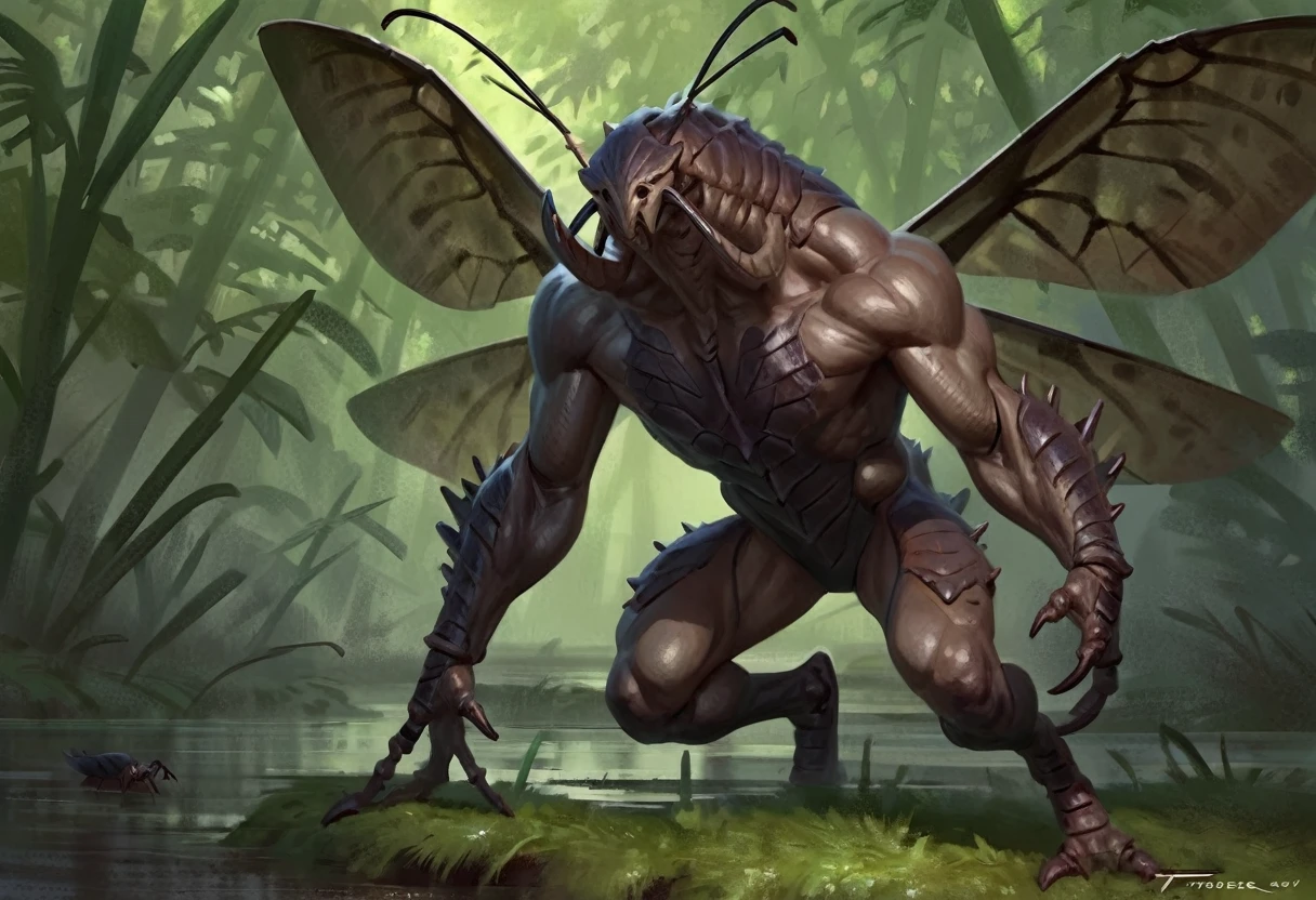 (Solo), anthro male insectoid creature, detailed, best art, masterpiece, quality, newest, swamp background, by taran fiddler, mandibles, insect wings, chitinous body, digitigrade, pincers, stinger, spikes, ferocious, masculine,