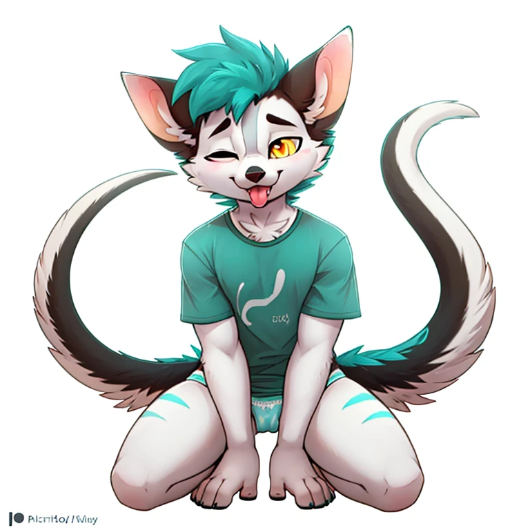 Anthropomorphic male opposum, yellow eyes, twirl tail, fullbody view, solo, on knees, white background, digital art, lifting his shirt, different views, wearing a teal t-shirt and long teal socks with white stripes and a teal panties, looking at viewer, one eye closed, tongue out.
