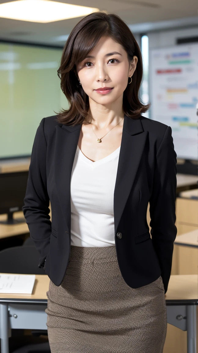 (High resolution, highest quality, masterpiece,Bright lighting), ((Full body photography)), ((Standing)), Textured skin, Anatomically correct, sharp, Shoot from the right side, Alone in a Western-style office, ((Japanese, Mature Woman, 53 years old)), (Nasolabial folds), Black Hair, Medium Hair, slightly plump figure:1.1, Flat Chest:2.0, (looking at the camera), (Serious expression), (teacher), (Business look), (casual suit jacket, V-neck shirt), (Formal tight skirt), pumps, necklace, Earrings