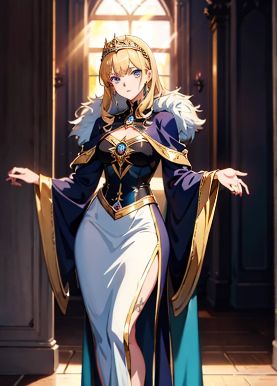 A girl with long golden hair, choppy bangs, Nordic heritage, a figure, delicate facial features, pale skin, porcelain skin, an innocent yet determined gaze, she wears an exquisite headband, dressed in a fantasy-style Slavic royal dress, a fur shawl draped over her shoulders, wide sleeves, a luxurious layered skirt, the background features a fantasy-style royal castle, this character embodies a finely crafted fantasy-style Slavic princess in anime style, exquisite and mature manga art style, high definition, best quality, highres, ultra-detailed, ultra-fine painting, extremely delicate, professional, anatomically correct, symmetrical face, extremely detailed eyes and face, high quality eyes, creativity, RAW photo, UHD, 32k, Natural light, cinematic lighting, masterpiece-anatomy-perfect, masterpiece:1.5