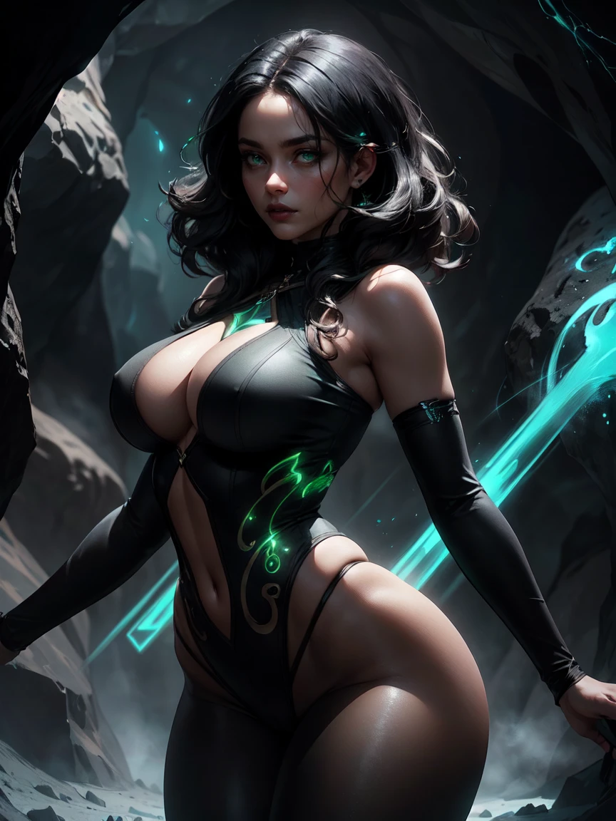 (masterpiece, best quality, perfect face, (beautiful and aesthetic:1.4), highest detailed face), (beautiful dark sorceress, (messy hair), (black hair:1.2), green eyes, (fake breasts, slender, narrow waist, wide hips)), thick tights), ((inside dark desolated cave:1.4), underground), ((surrounded by black fog coming form all directions)), (black skimpy clothes, reaveling clothes), (seductive:1.2), sexy pose, side view, (beautiful face, detailed eyes), (hourglass body figure:1.4), dark place, (((green magic, magic energy swirling around, magic glow))), (dark scene), cinematic lighting, (casting spell, runic staff in hand), looking at viewer, high quality, hyperrealistic, CG, unity, 4k, (solo:1.2)
