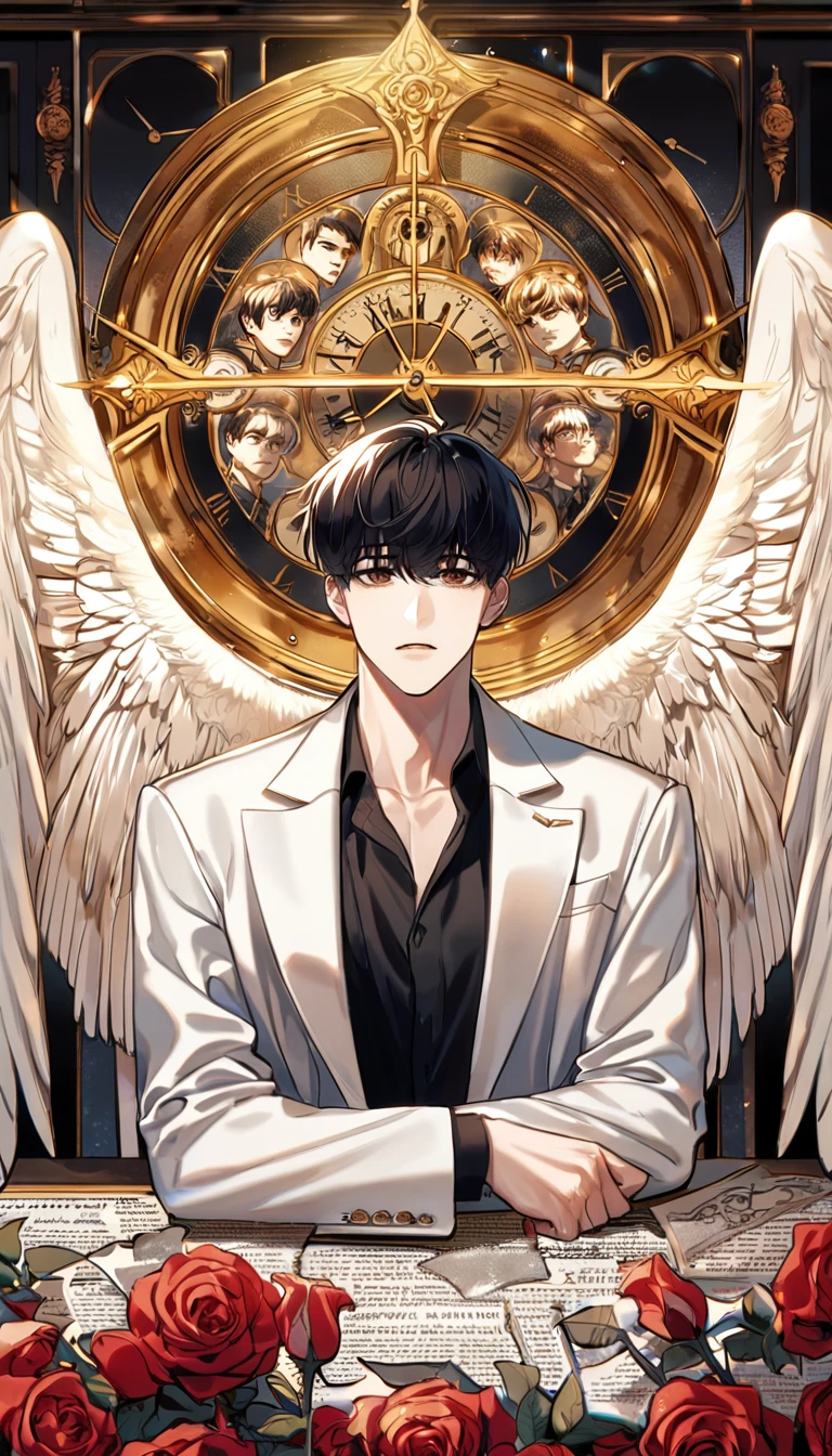(absurdres, highres, ultra detailed, HDR) master piece, best quality, perfect face, delicated features, Kim Dokja, black hair, expressive brown eyes, Omniscient reader's viewpoint, solo, sexy man, handsome, white coat, black shirt, halo, angel, wings, roses, clock