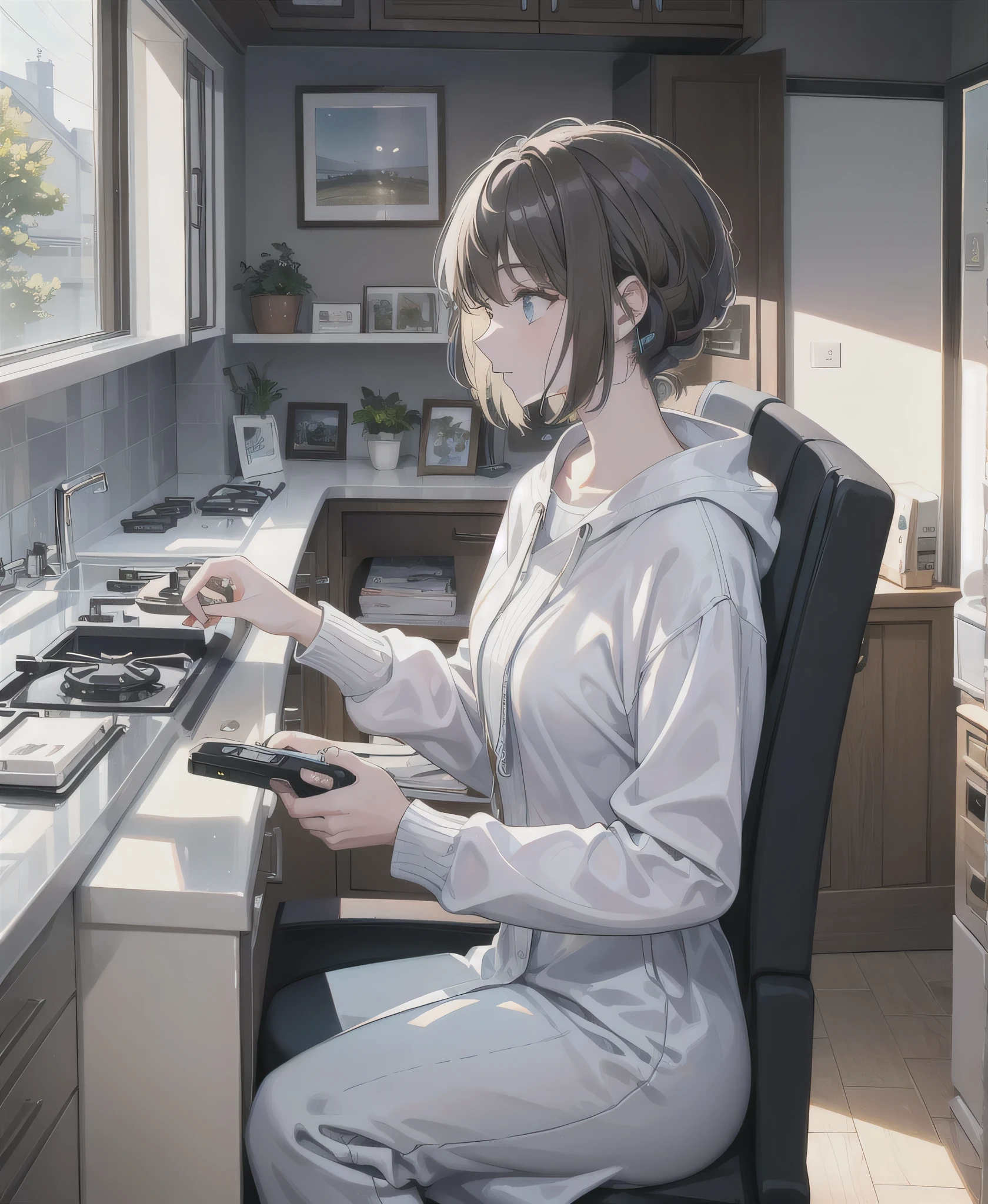 Refreshing morning light, iridescent highlights, A cool woman around 25 years old,  I&#39;m sleepy on the blank white sheets, Silver Hair, Wearing a chubby T-shirt