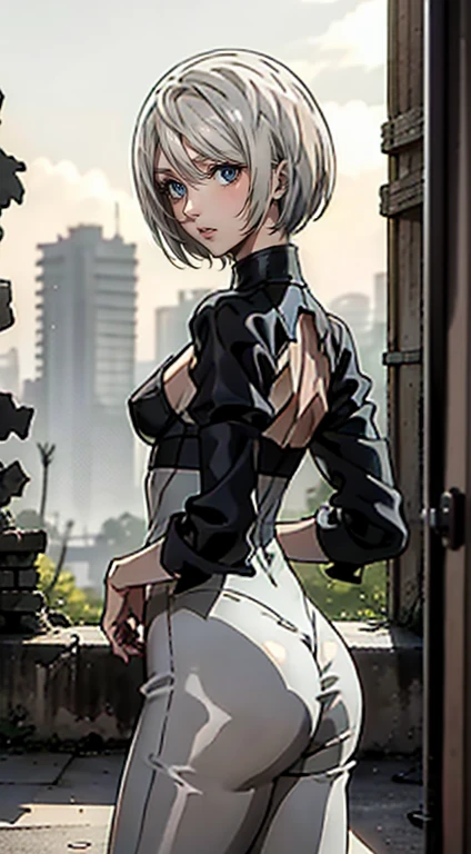 gloomy composition, gloomy background, Ruins, ruined city, Very detailed. stands on the edge of the roof, gloomy composition, The Gloomy Room, gloomy atmosphere, very detailed eyes, grey-blue eyes, Beautiful figure, Ruins, ruined city, very detailed eyes, Beautiful figure, Lucy from the anime series 1 girl, facing the viewer, Beautiful figure (Proper Anatopy 1.1.), in full height (Body Full 1.1), Slim, Slender figure, Slender figure, shapely legs, Anime style, white colored hair, white colored hair, that disappear at the ends, Bob hairstyle, Cutouts on the shoulders, Cutouts on the chest, Neckline at the waist, Skinny black leather pants, Very detailed face, Very beautiful face, Very sexy ass, in full height (Body Full 1.1), small elastic breasts, Little ass, Beautiful slim figure, small buttocks, Light, femininity,tmasterpiece,beste-Qualit,higly detailed,Visible to the feet, 8K resolution, High Sharp, 8K resolution, higly detailed, 8K UHD, Professional lighting, Photon mapping,physical based rendering, a perfect face, detailed face and body, ray traced, expressive look, Cinmatic Lighting,elastic small breasts, Heightened sexuality,