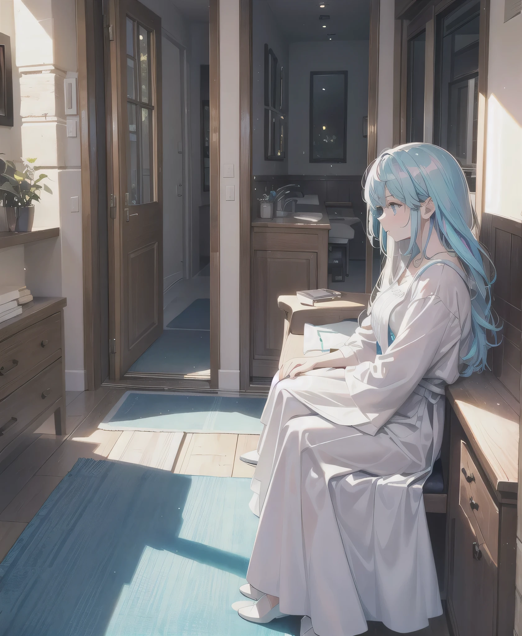 Refreshing morning light, iridescent highlights, A cool woman around 25 years old, I'm sleepy on the blank white sheets, Silver Hair, Wearing a chubby T-shirt